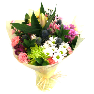 Hand tied Bouquet - A beautiful collection of mixed flowers suitable for any occasion. We deliver all bouquets hand-tied ready to go in recipients own vase. Priced from £40.95 to £70.00+ which includes local delivery.